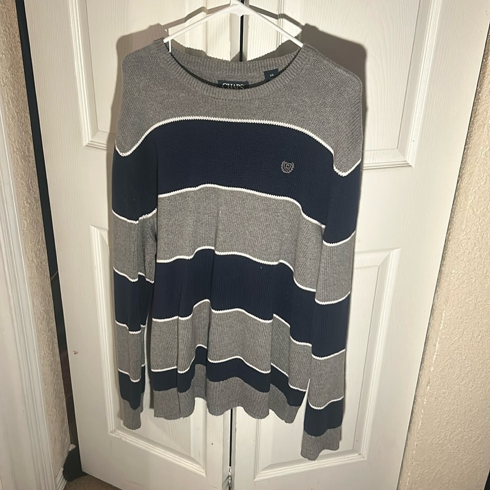 Men’s L Chaps Ralph Lauren Sweater Gray w/ Navy Stripes Cotton Heavy Cable Knit